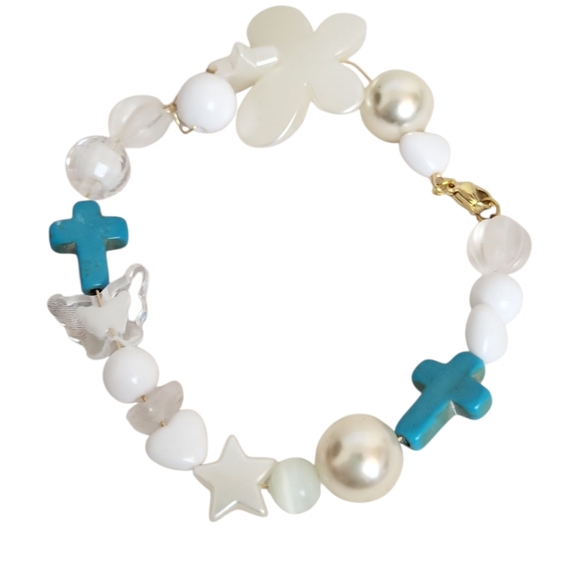 Turquoise Cross Acrylic Butterfly Star Disco Ball Heart Wire Pearl Bracelet - Picture 1 of 4